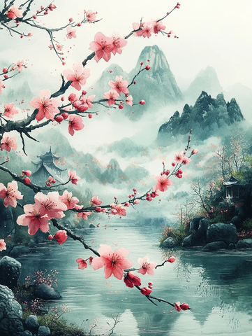 春雨樱花山水图