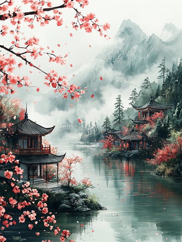 春雨樱花山水图