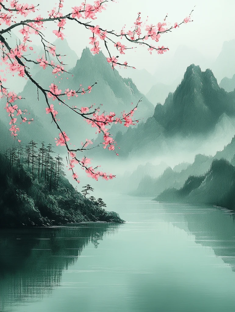 春雨樱花山水图