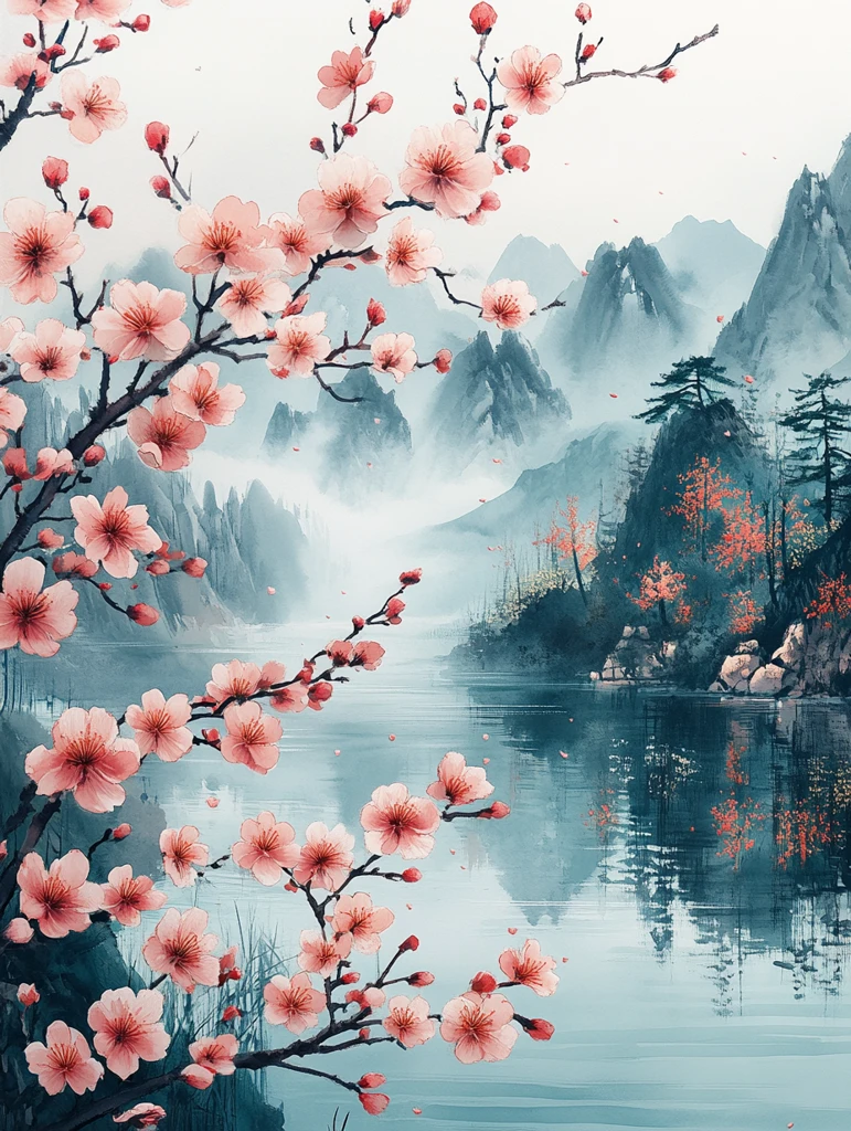 春雨樱花山水图