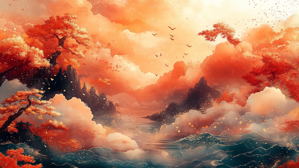 红底金云水纹图