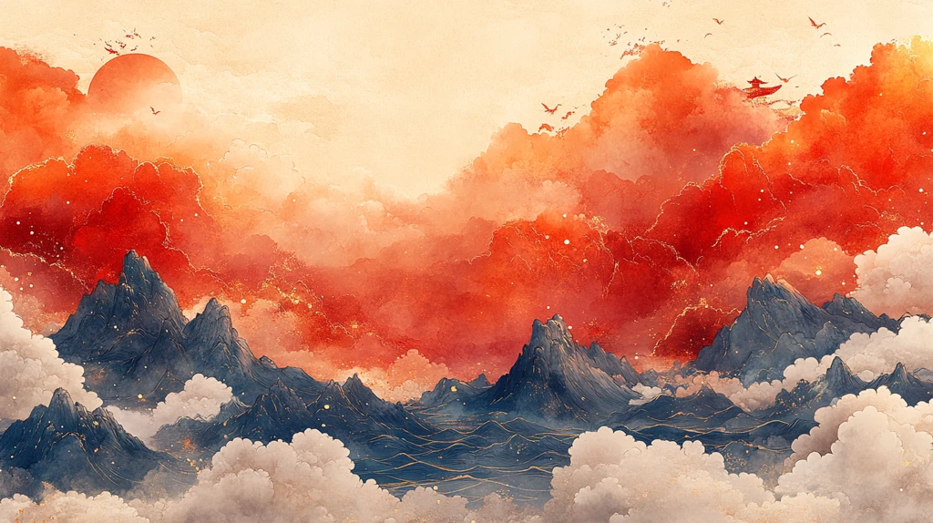 红底金云水纹图