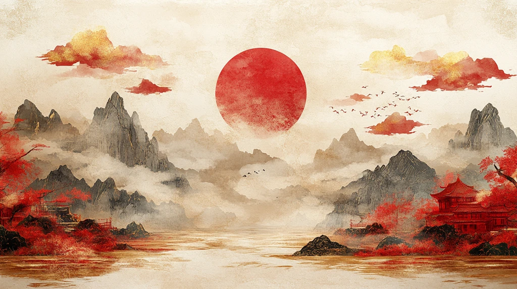 红底金云水纹图