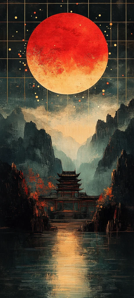 山水金月墨彩图