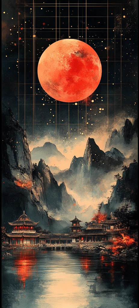 山水金月墨彩图