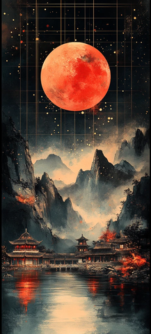 山水金月墨彩图