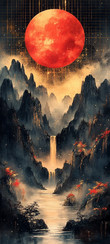 山水金月墨彩图