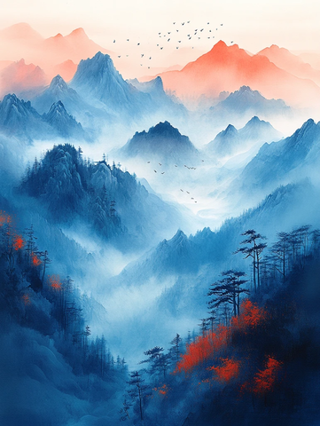 白鸟云山丝绸纹