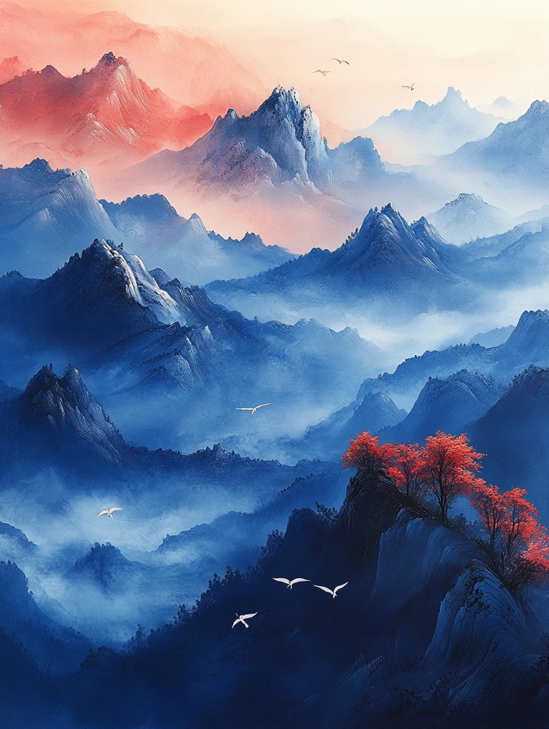 白鸟云山丝绸纹