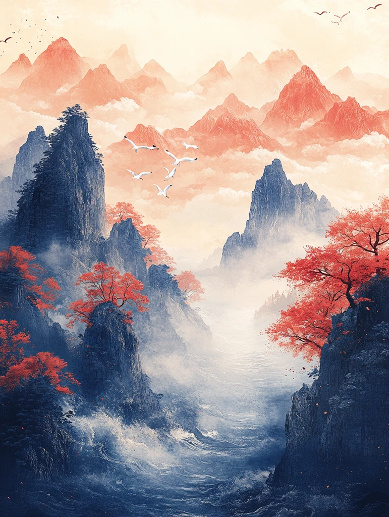 白鸟云山丝绸纹