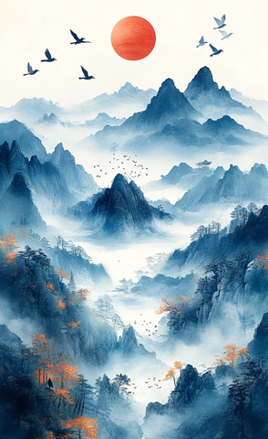 青山云海飞鸟图