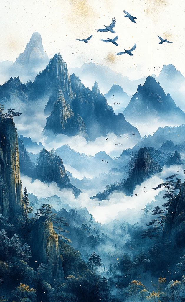 青山云海飞鸟图