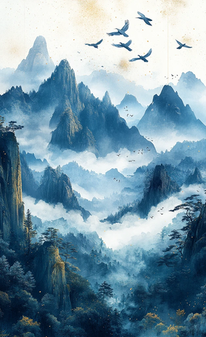 青山云海飞鸟图