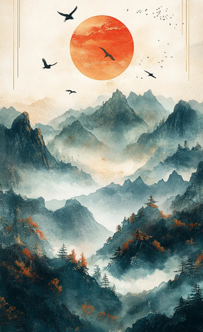 青山云海飞鸟图