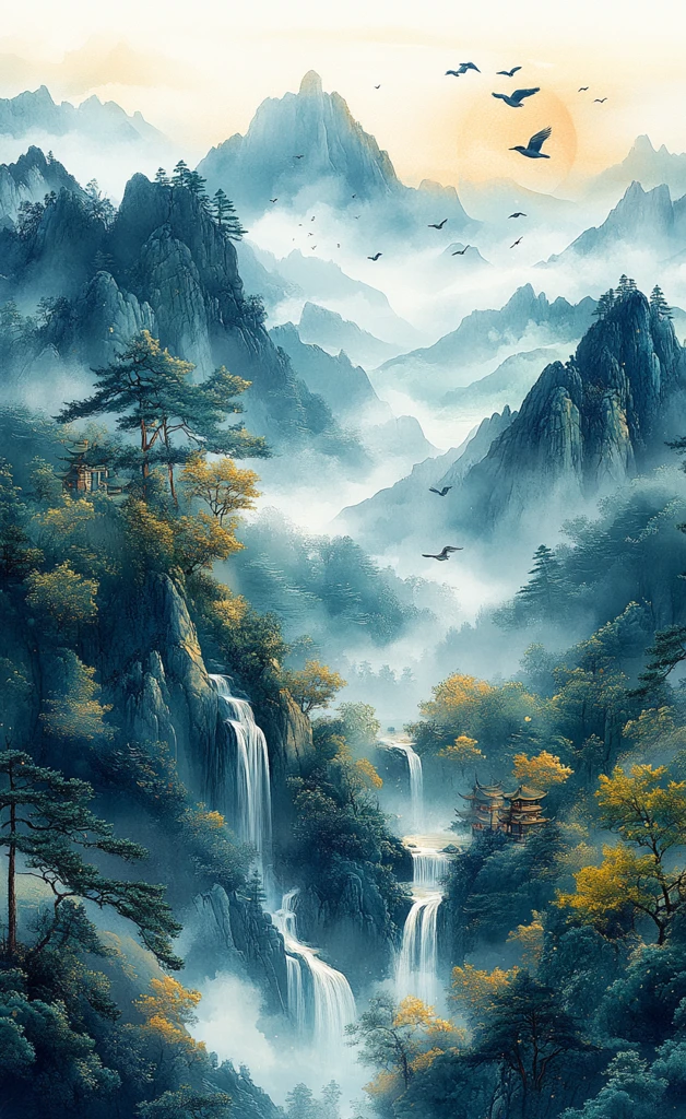 青山云海飞鸟图