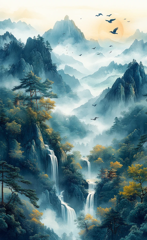 青山云海飞鸟图