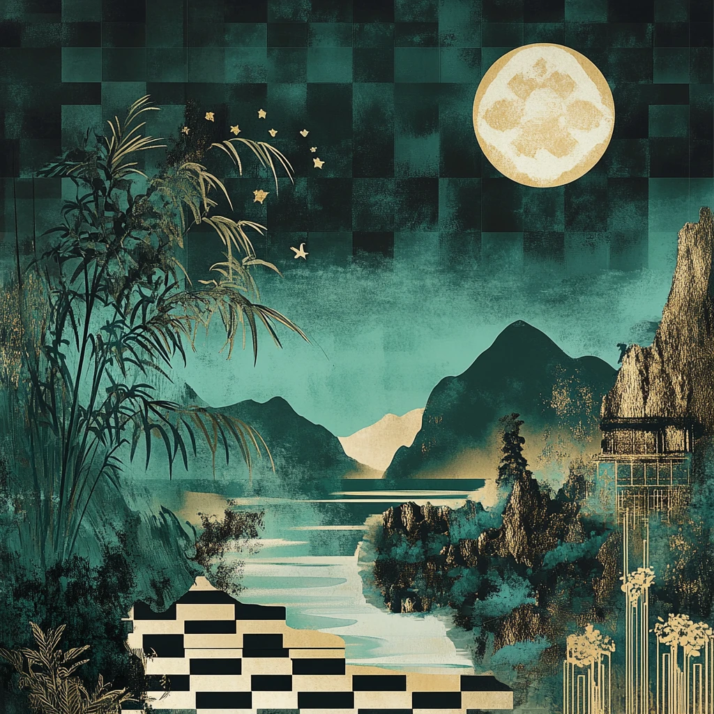 绿黑方格湿地画