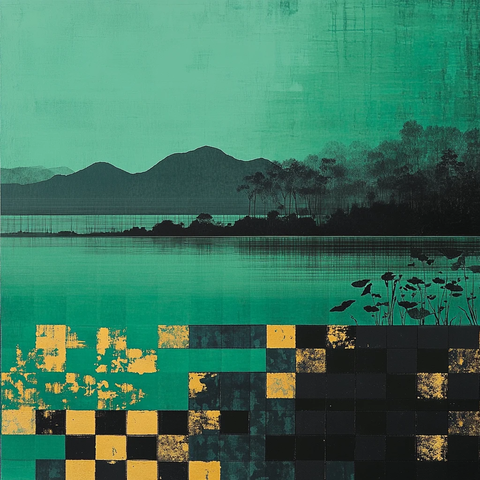 绿黑方格湿地画