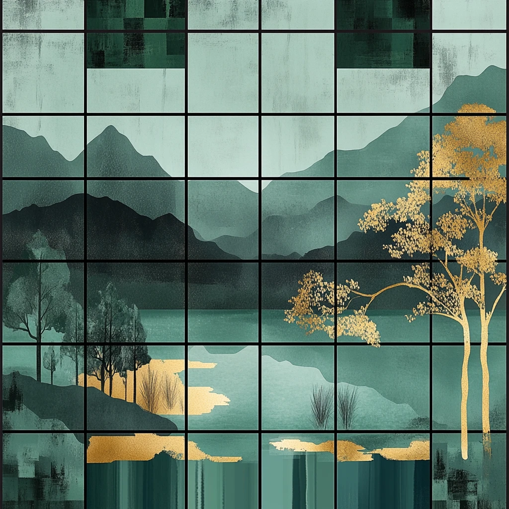 绿黑方格湿地画