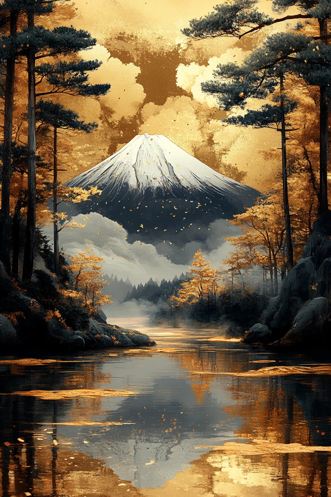 黄金云彩围绕富士山