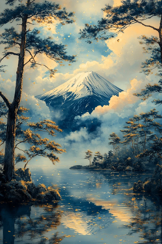 黄金云彩围绕富士山