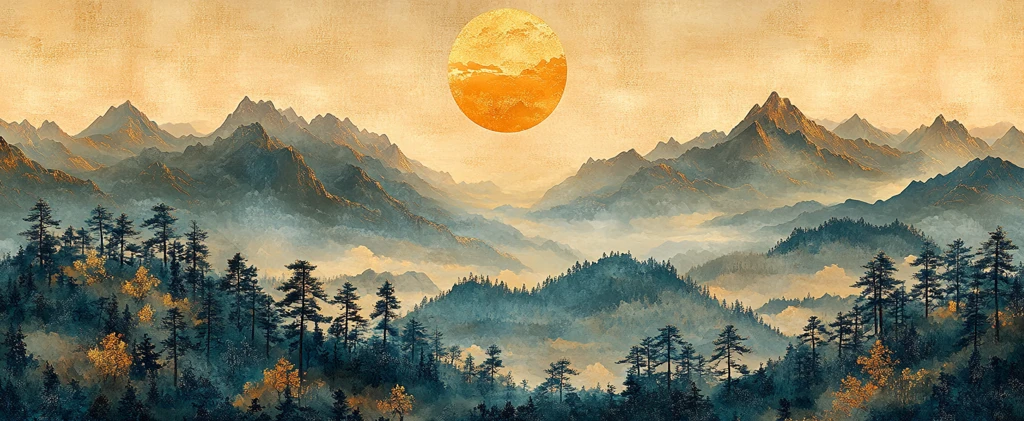 山峦云雾日月图