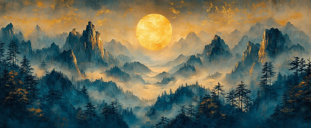 山峦云雾日月图