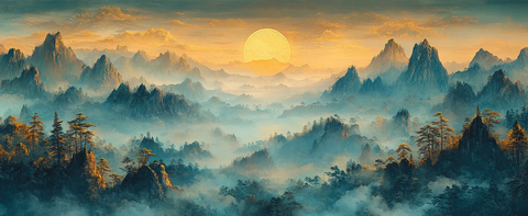 山峦云雾日月图