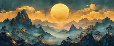 山峦云雾日月图