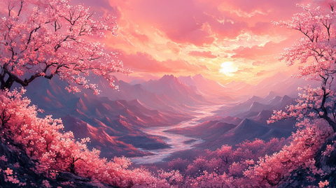 桃花流溪远山晨曦