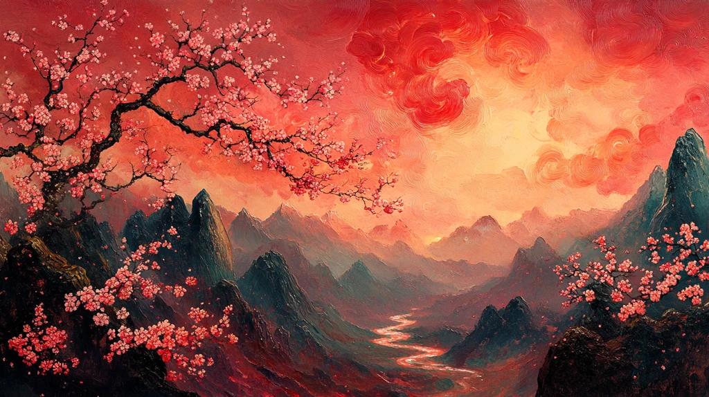 桃花流溪远山晨曦