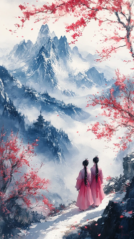春山雪峰桃花图