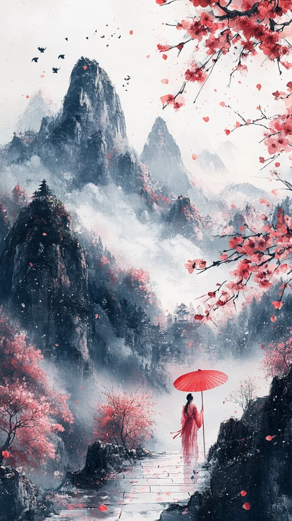 春山雪峰桃花图