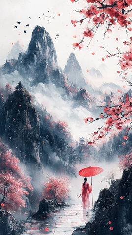 春山雪峰桃花图