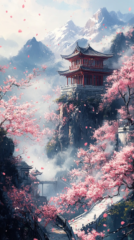 春山雪峰桃花图