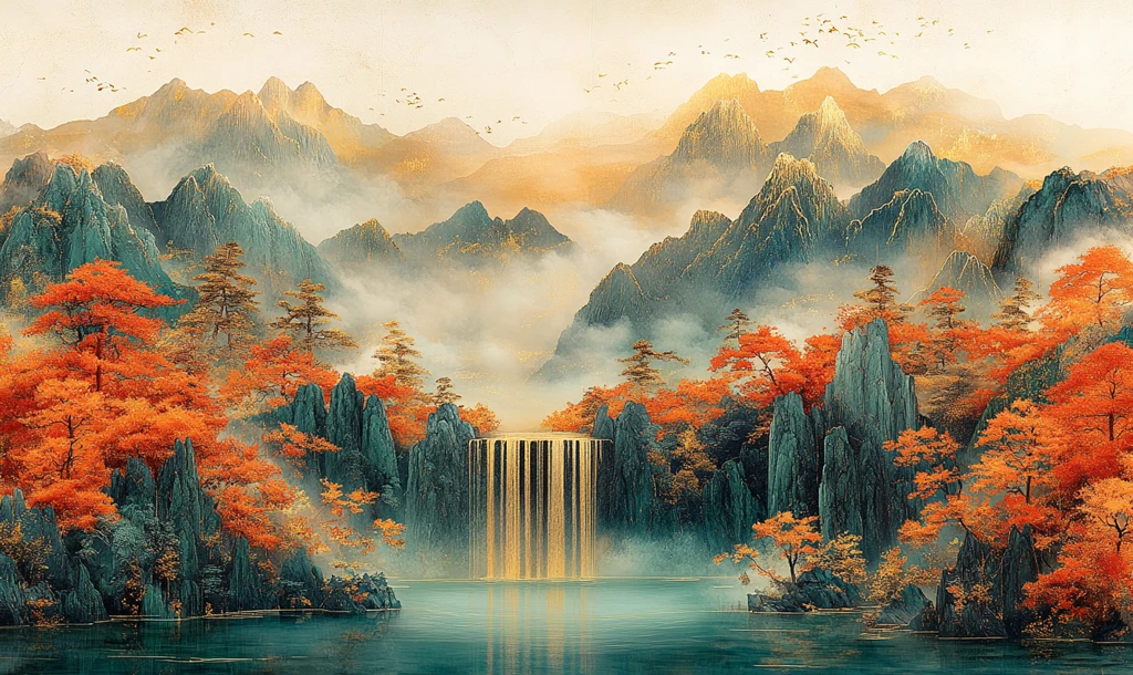 红金山水玉雕画