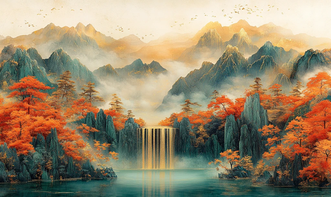 红金山水玉雕画