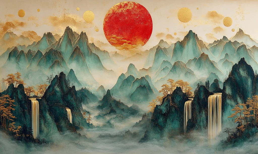 红金山水玉雕画