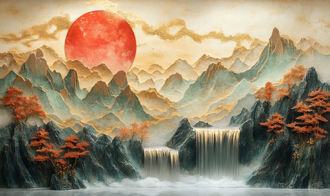 红金山水玉雕画