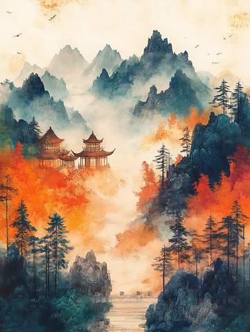 五神骑羊仙山图