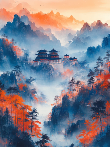 五神骑羊仙山图