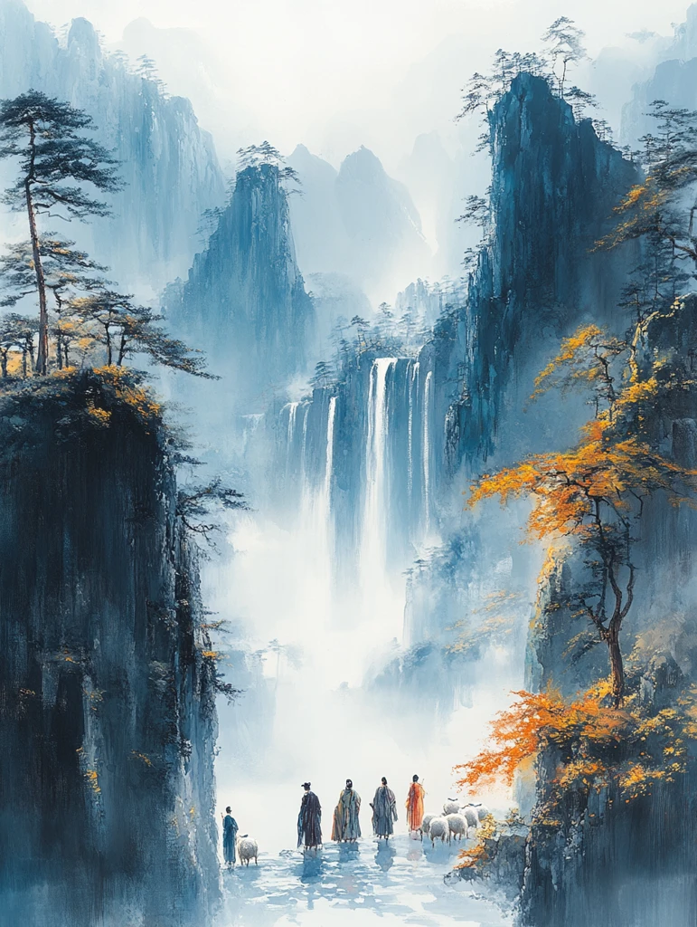 五神骑羊仙山图