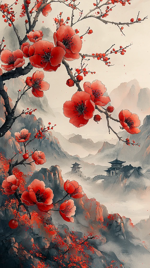 红白梅花墨韵图