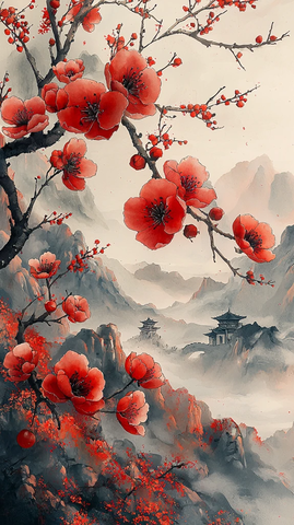 红白梅花墨韵图