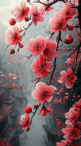 红白梅花墨韵图