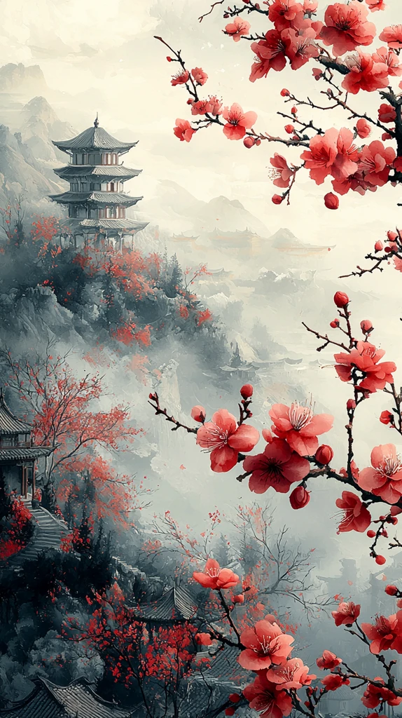 红白梅花墨韵图