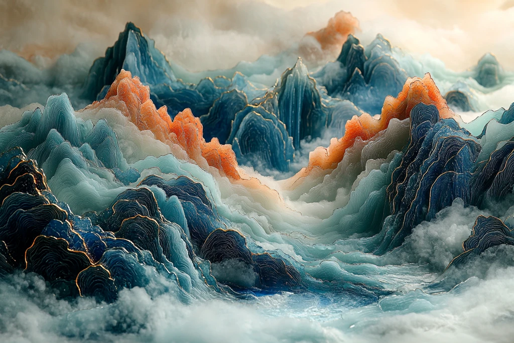 龙形波纹山水画