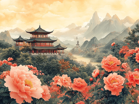 山水牡丹亭阁图