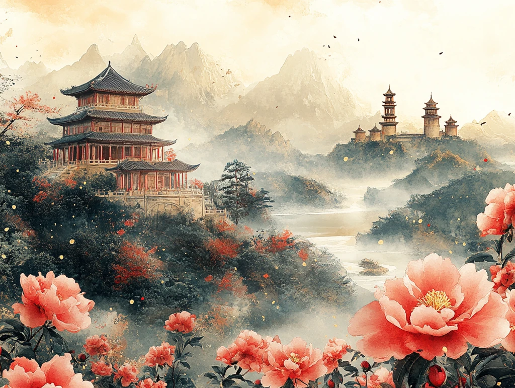 山水牡丹亭阁图