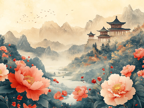 山水牡丹亭阁图